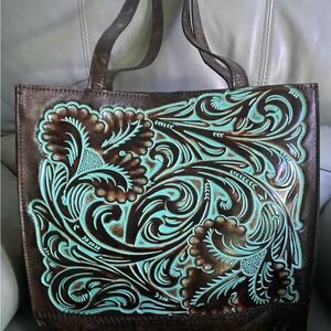 Patricia Nash Tooled Turquoise and Brown Leather Tote